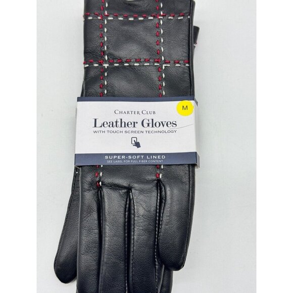 CHARTER CLUB plaid stitched lined touchscreen women's leather gloves -Blk-MEDIUM - Picture 2 of 4